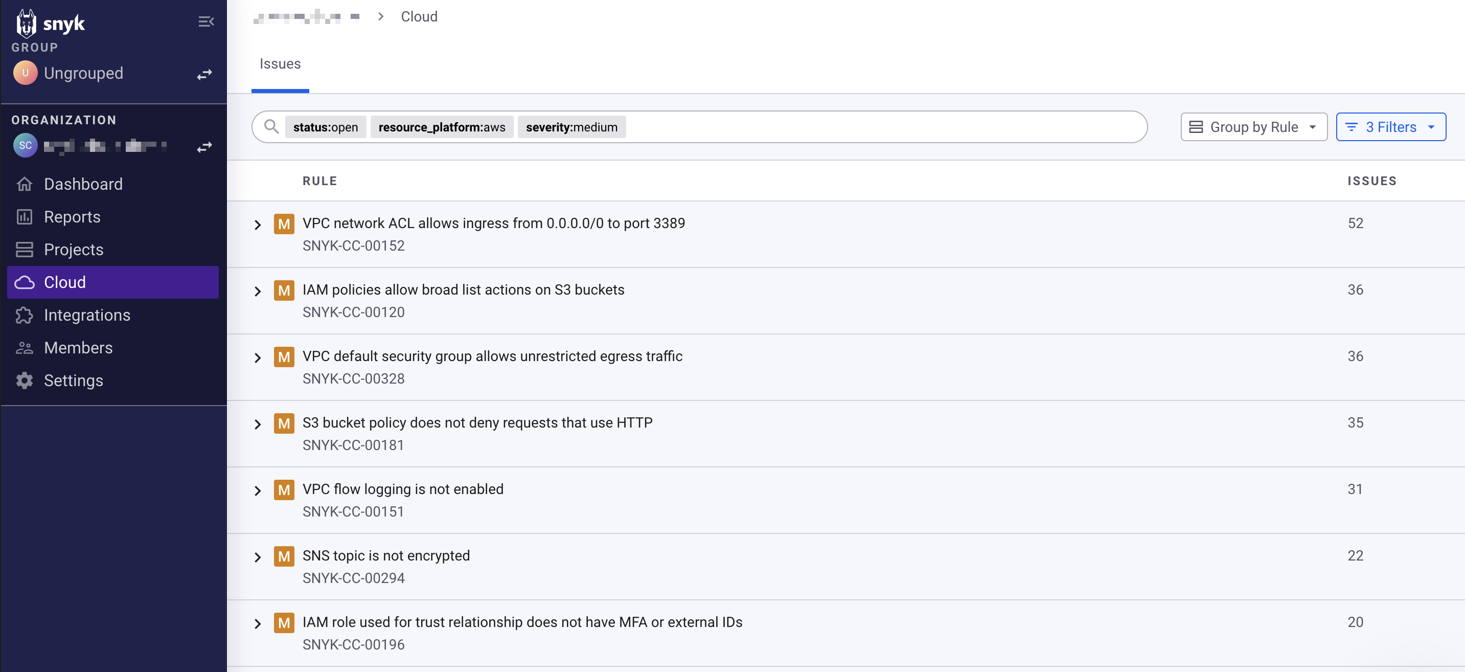 Cloud issues page in the Web UI