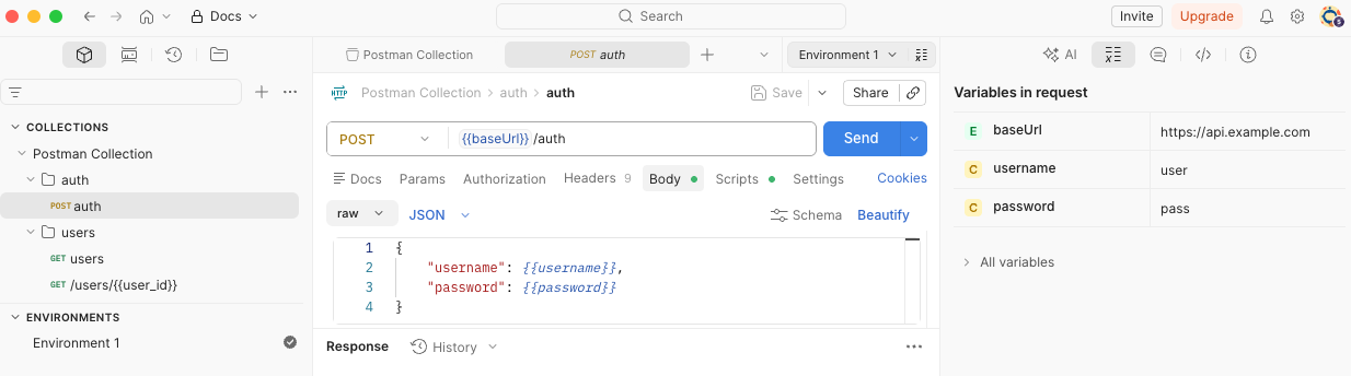 Request body configuration with username and password variables