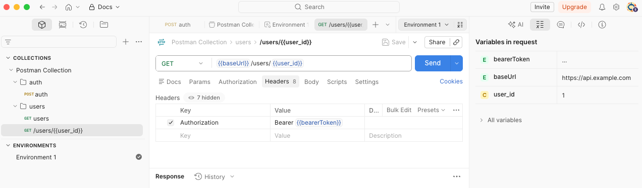 User details request showing the variables in request and the authorization header configuration