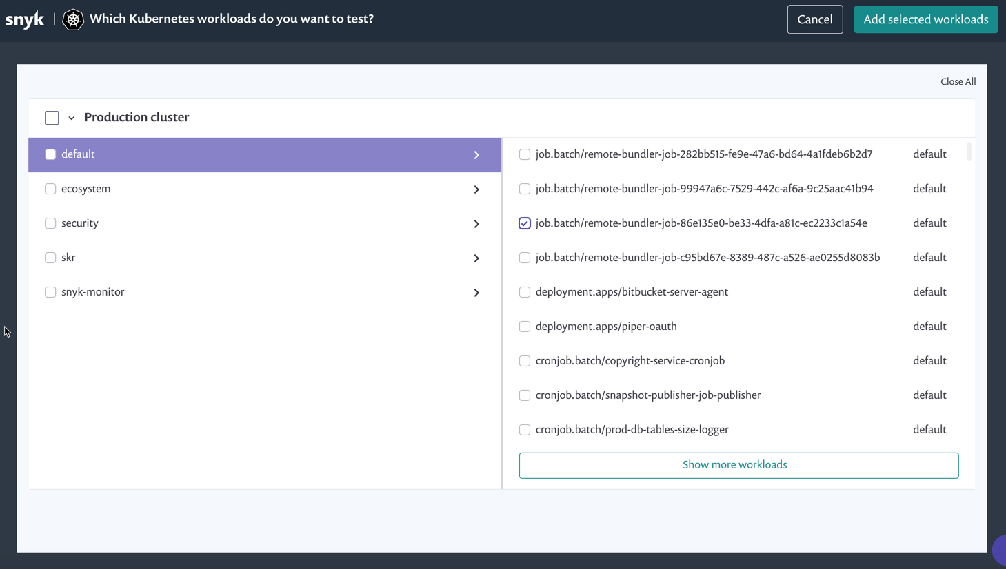 Kubernetes workloads import screen
