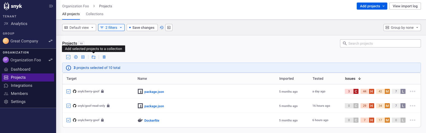 Select all filtered Projects that are visible