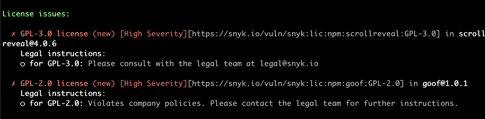 License issue overview in Snyk CLI.