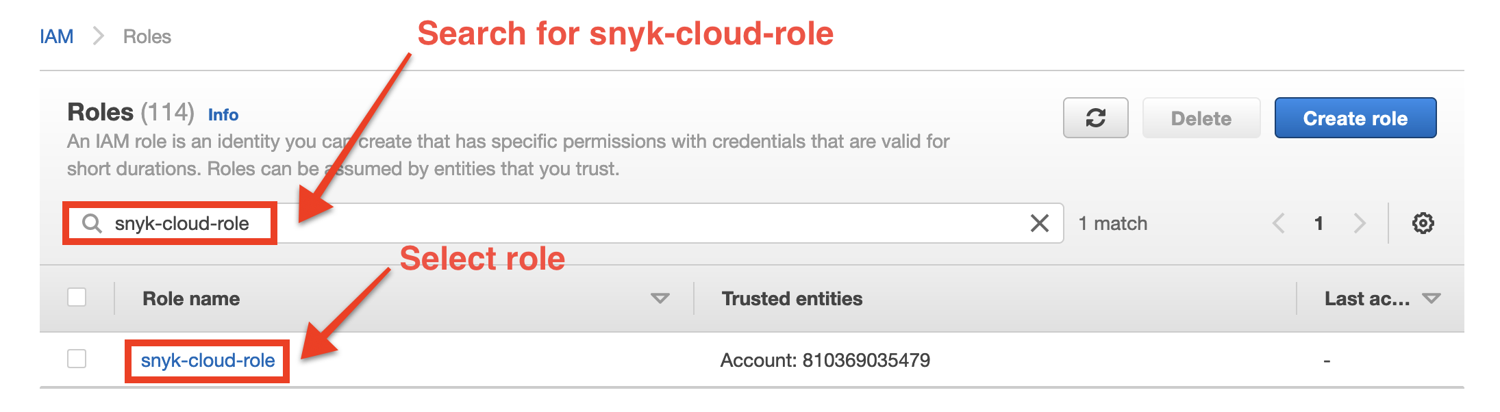 Search for the name of your role in the AWS Management Console