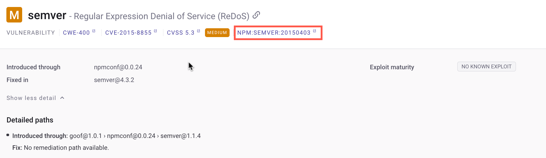 Link to Snyk Vulnerability Database for a transitive dependency