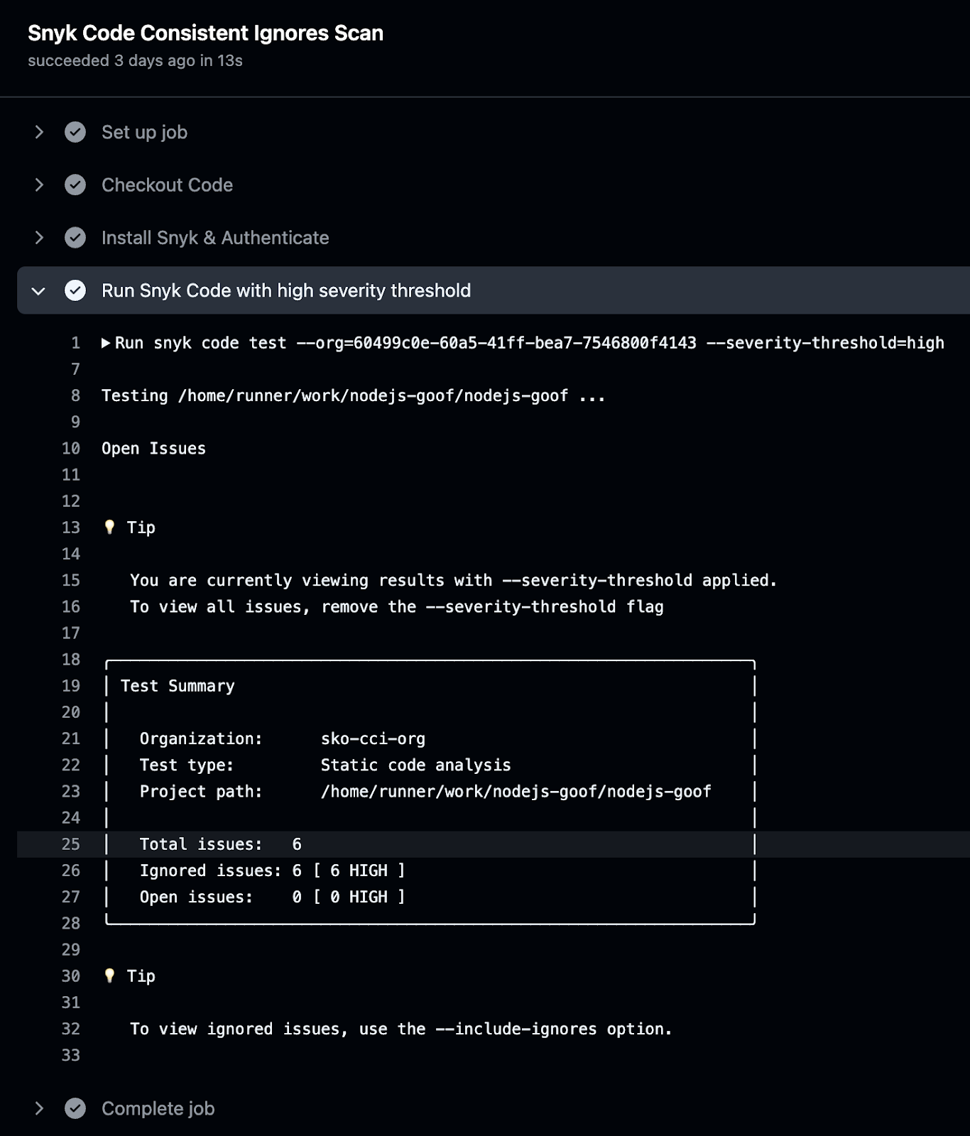 High severity issues ignored causing GitHub Action workflow to succeed with exit code 0