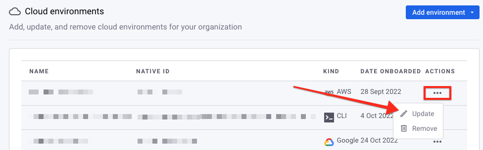 Update an environment from the Cloud environments page in Settings