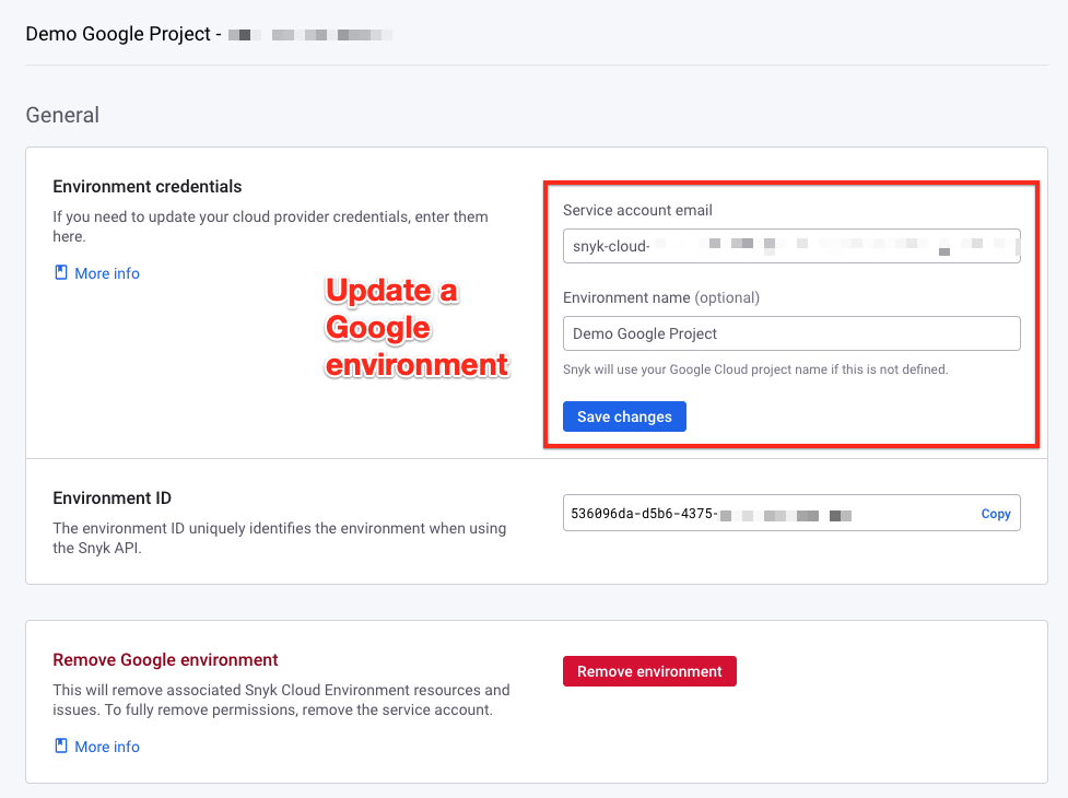 Example of updating a Google environment.
