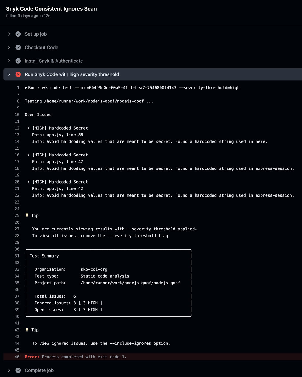 High severity hardcoded secreted detected causing GitHub Action workflow to fail with exit code 1