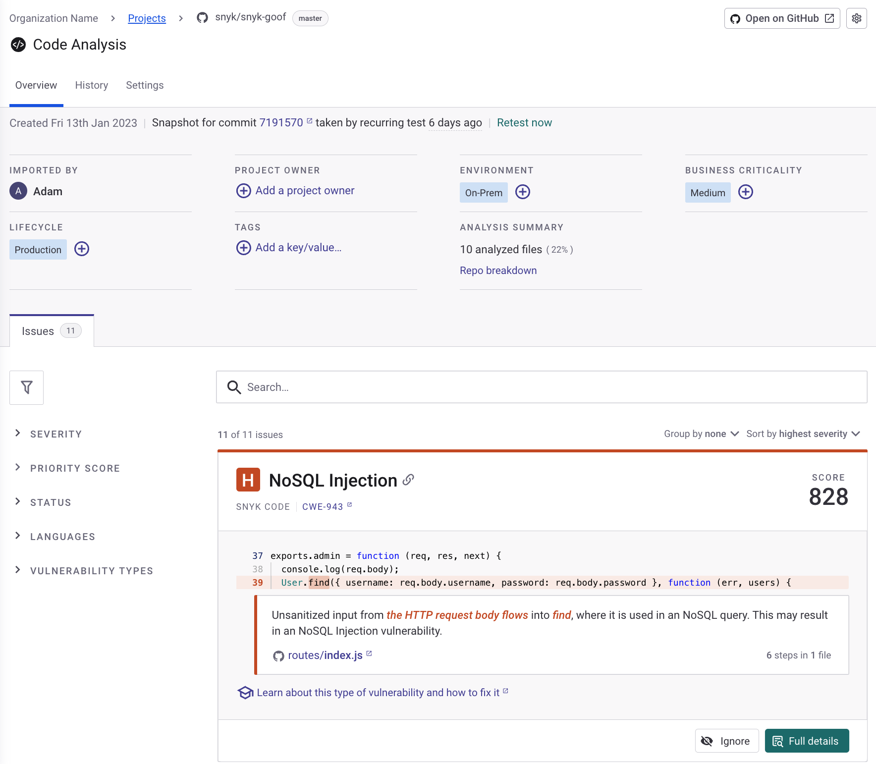 Overview of the Code Analysis page.