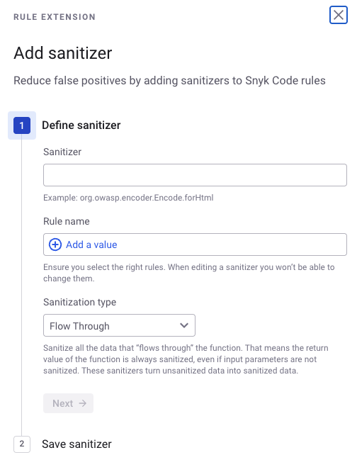 Add sanitizer as a rule extension in Snyk Code