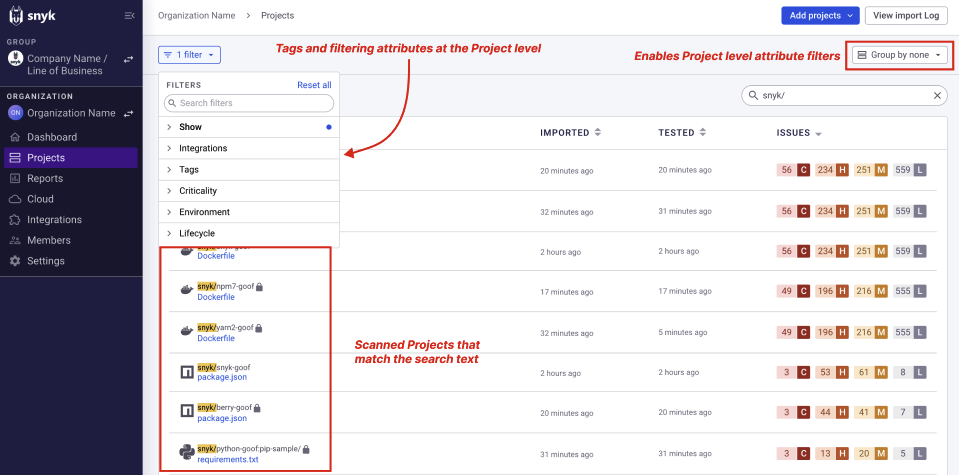 Filtering attributes applied at the Project level