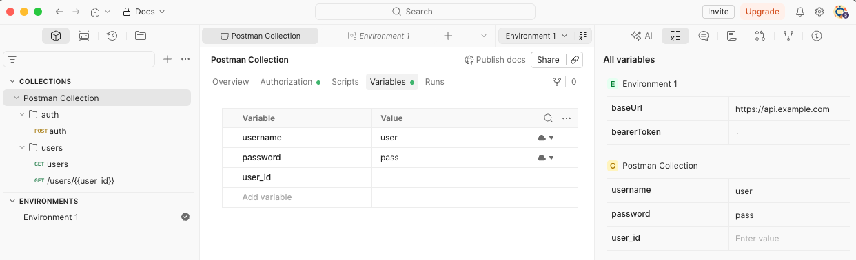 Collection and environment variables showing username, password, user_id, bearerToken and baseUrl variables