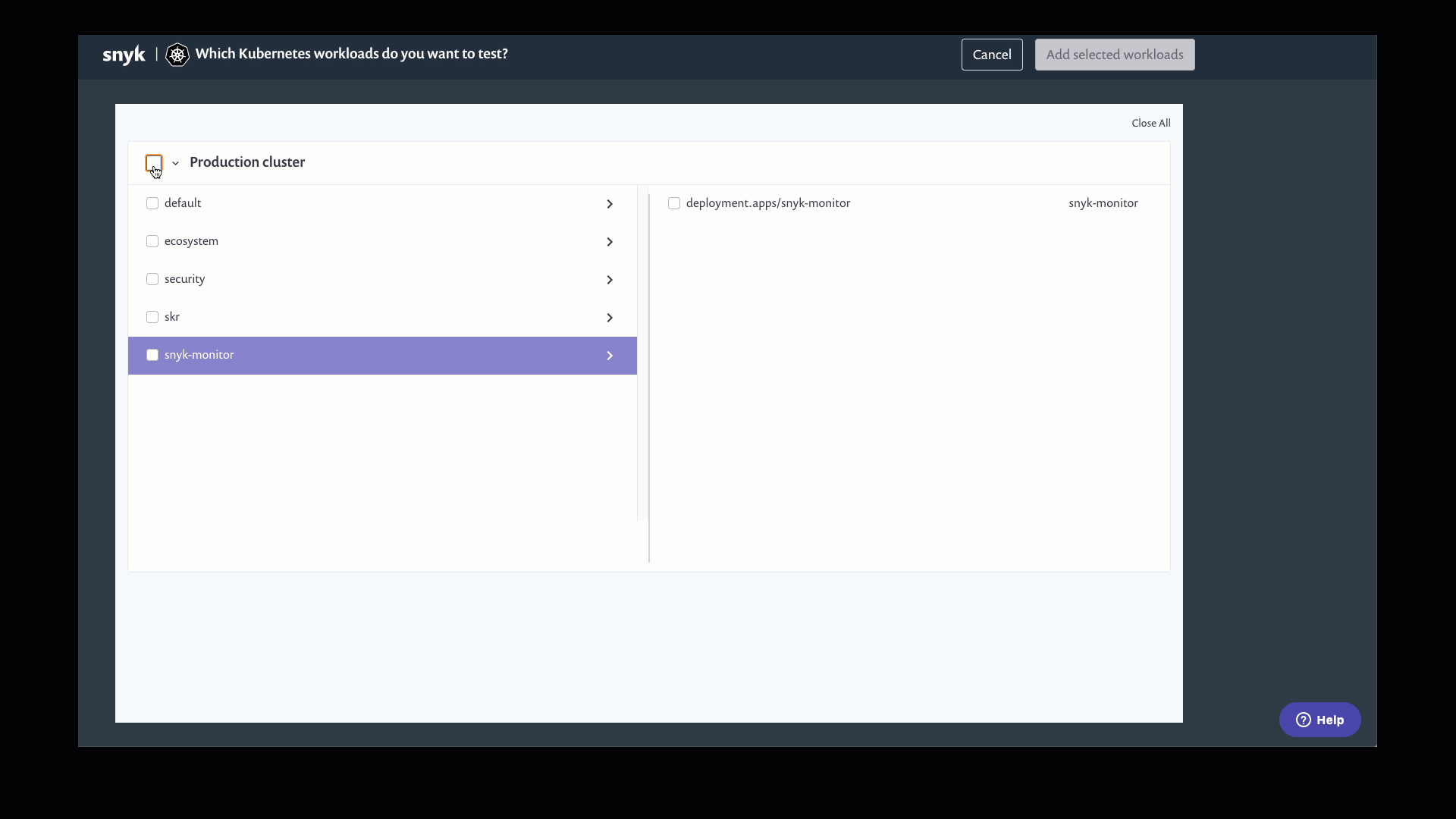 Steps to follow when selecting namespaces from the Kubernetes workloads import screen