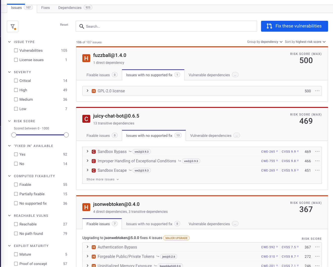 Project details Issues tab and filters