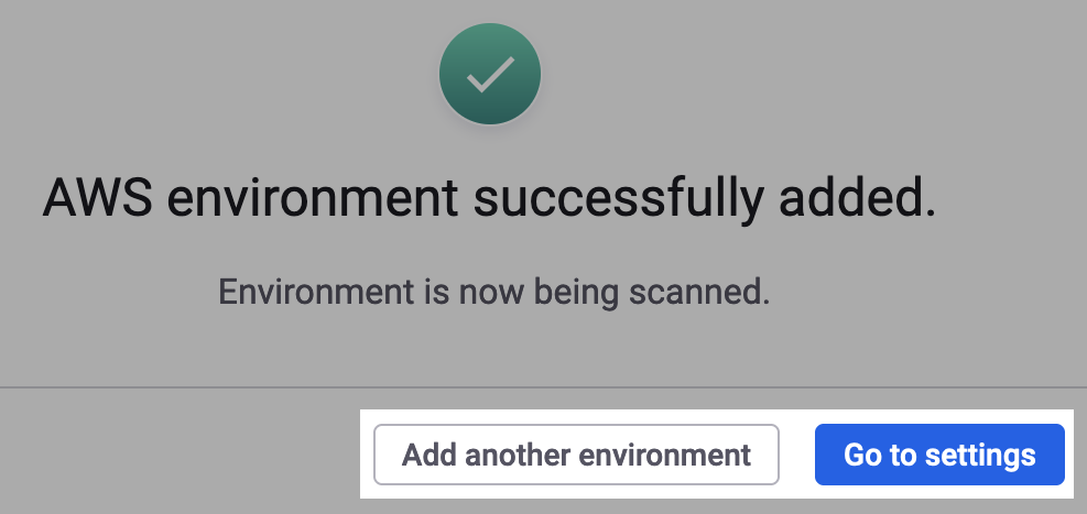 Success message after adding an AWS environment in the Snyk Web UI