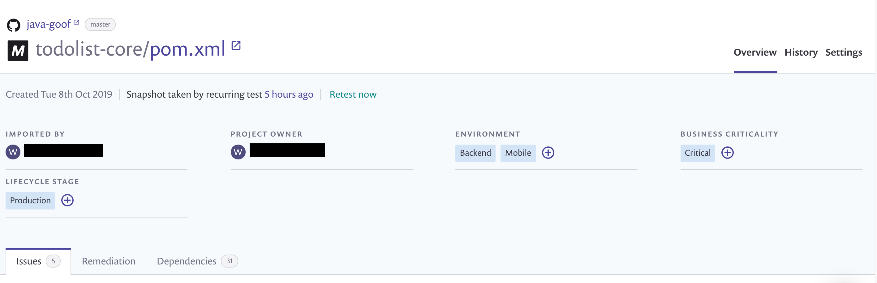 Project detail page showing attribute values applied