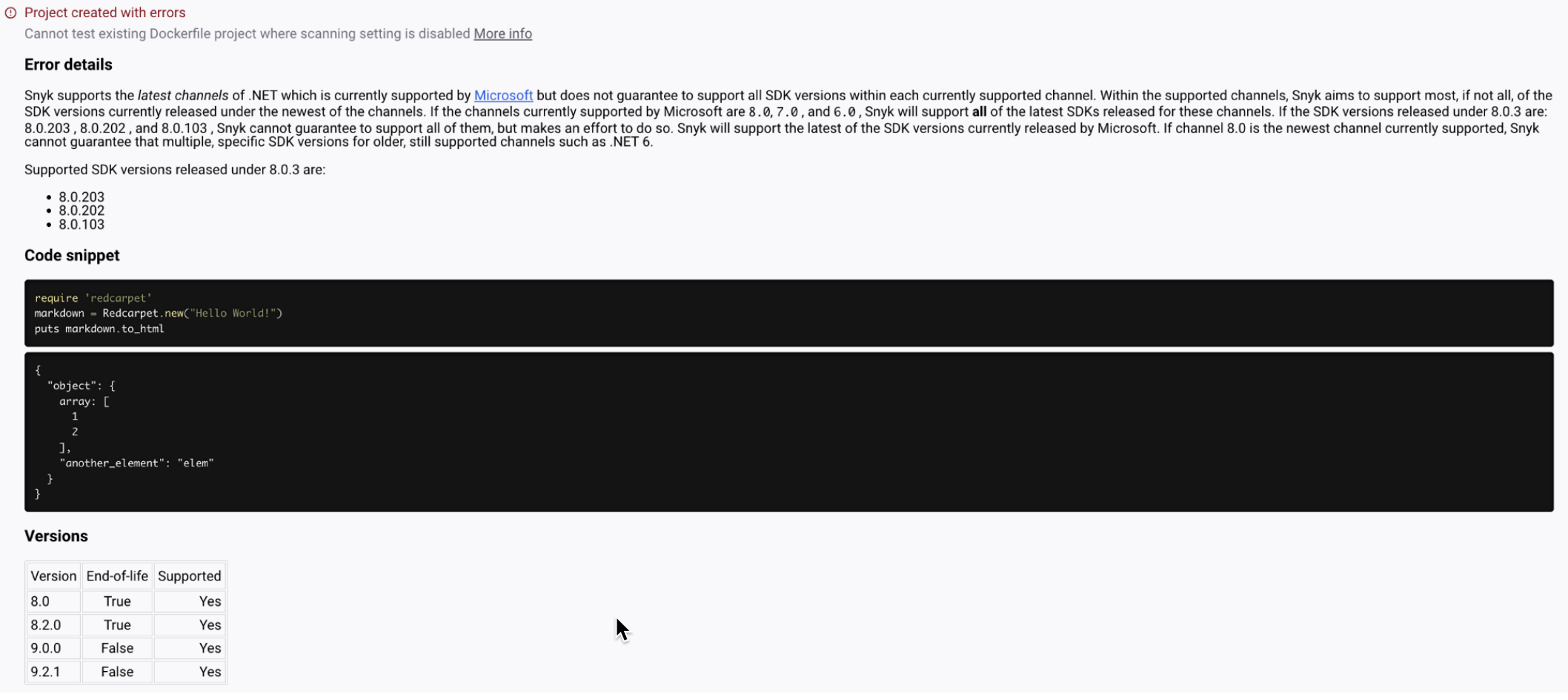 A detailed error message for Project created with errors
