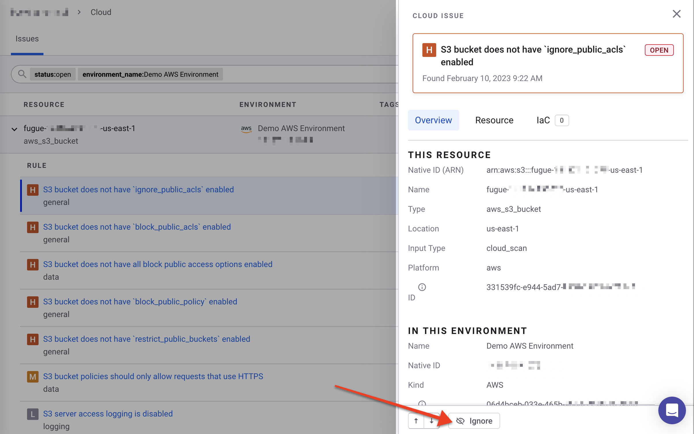 The Ignore button in a cloud issue in the Snyk Web UI