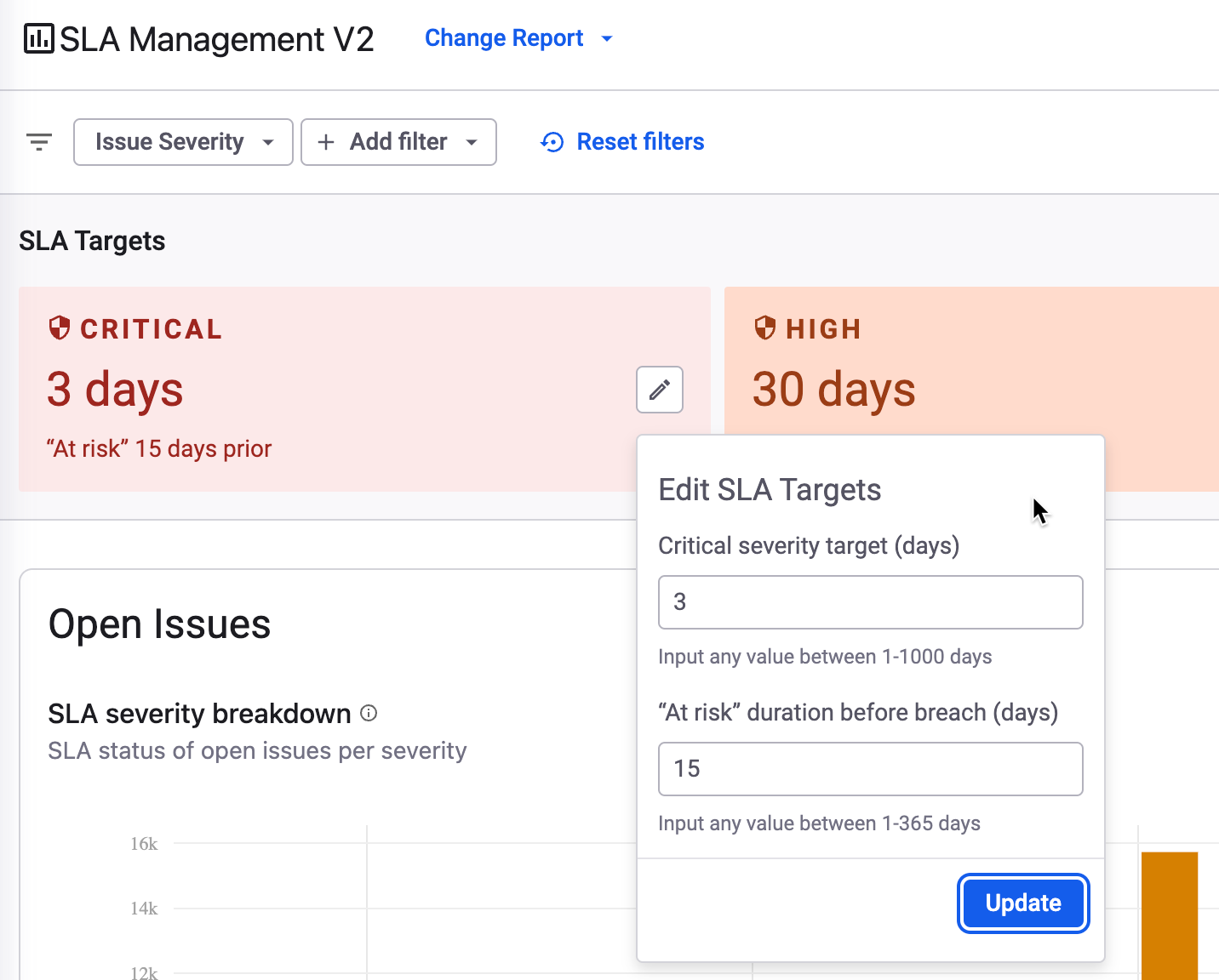 SLA Management Report - Edit SLA targets