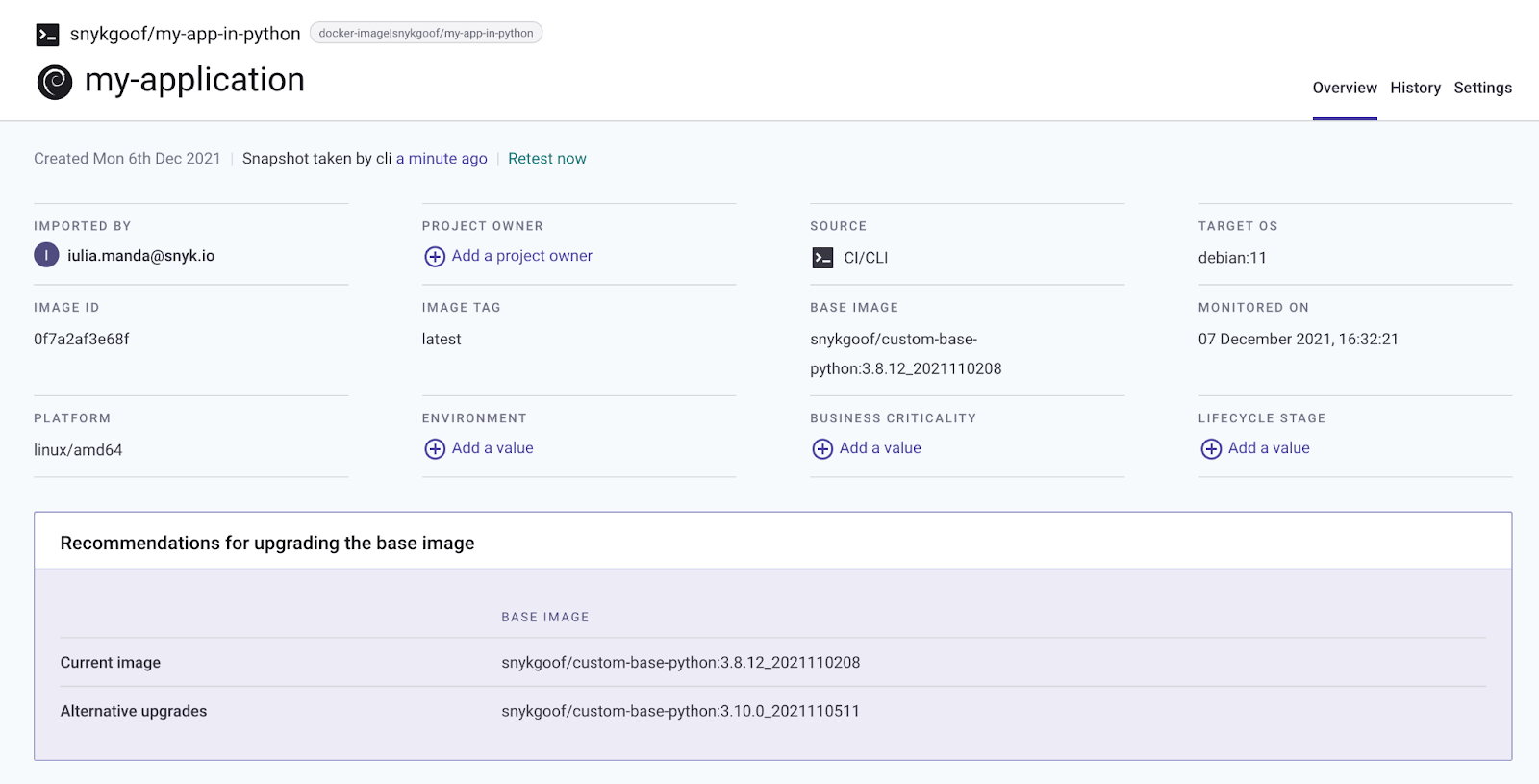 Snyk custom base image recommendations displayed on a container Project page