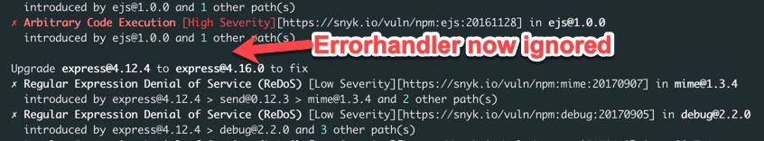 Snyk test results after ignoring in the Web UI