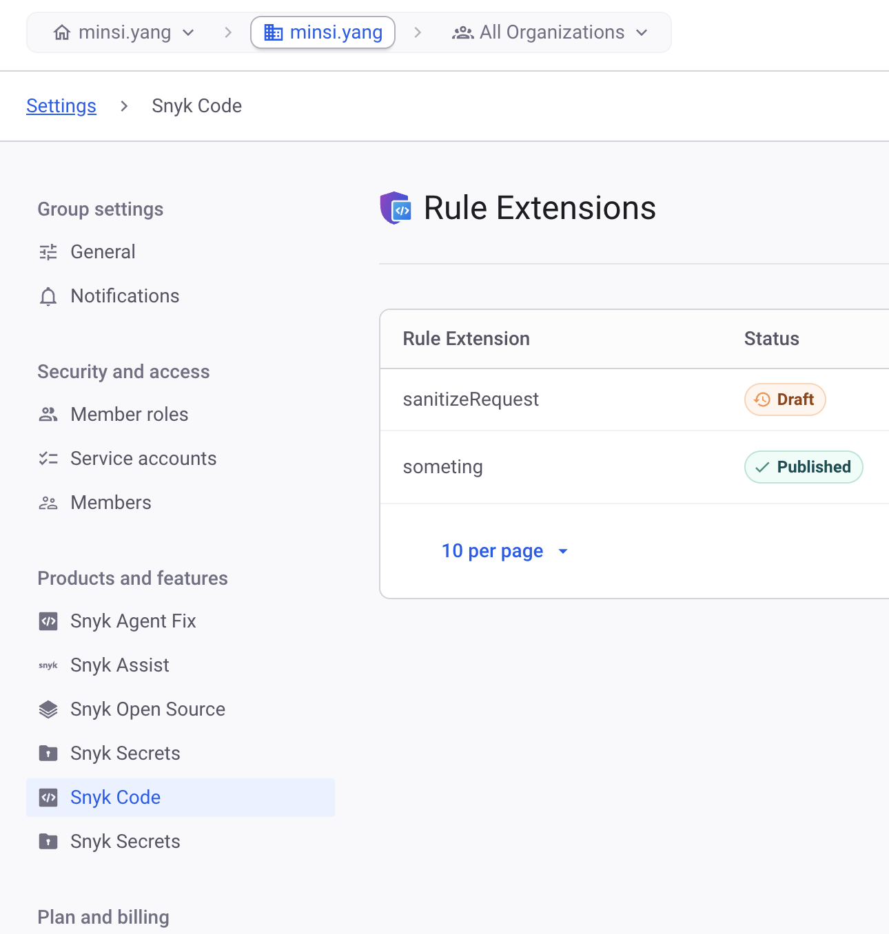 Rule Extensions under Group settings, Snyk Code in the Snyk Web UI